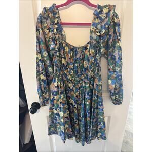 Women’s Entro Floral Mini Dress Blue Green Yellow Brown Size Medium Long sleeve